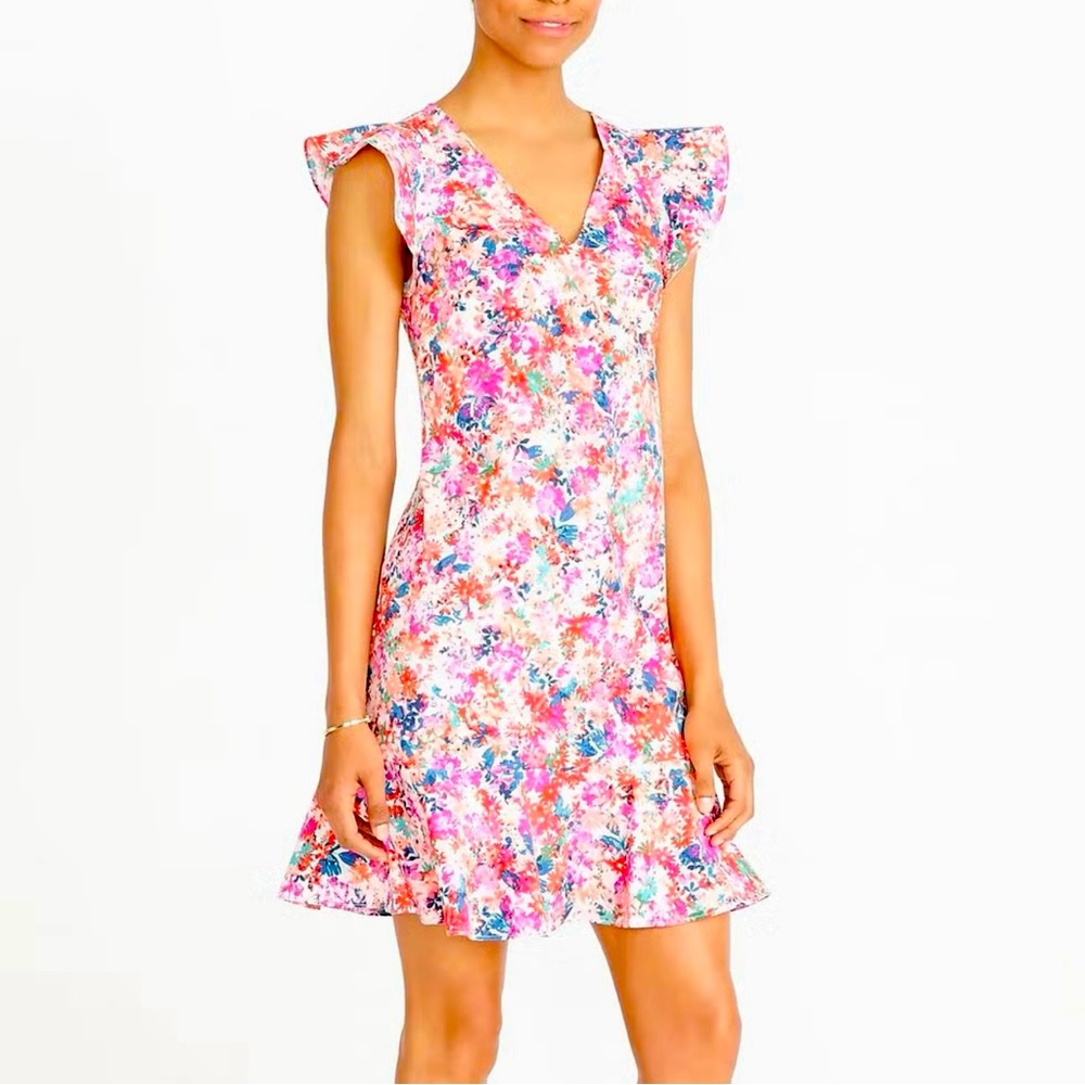 J. Crew Mercantile Multicolor Floral V-Neck Flutter Sleeve Ruffle Hem Mini Dress